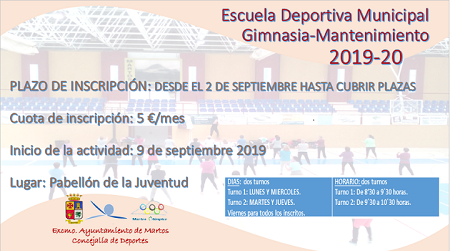 Abierto el plazo de matriculación a la Escuela Municipal de Gimnasia de Mantenimiento 2019-2020